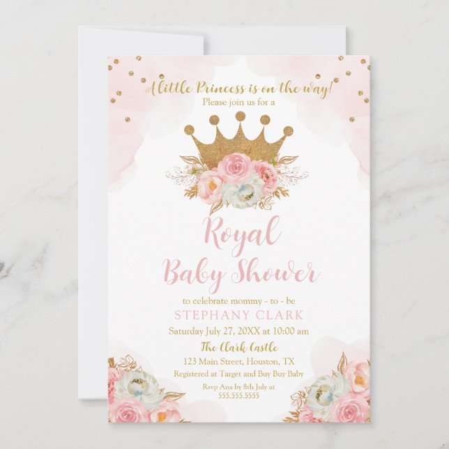 Invitación Princess Floral Pink & Gold Baby Shower Invitation (Front)