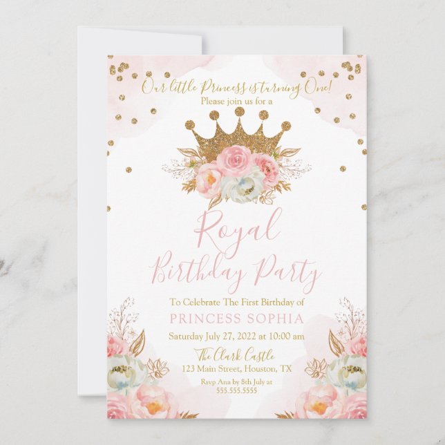 Invitación Princess Floral Pink & Gold Birthday In Invitation (Front)