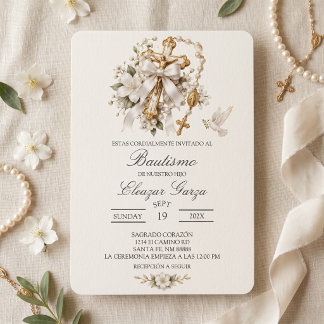 Invitacion rasario y cruz dorada bautismo invitation