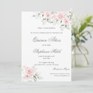 Invitación Spanish Quinceanera pink floral invite