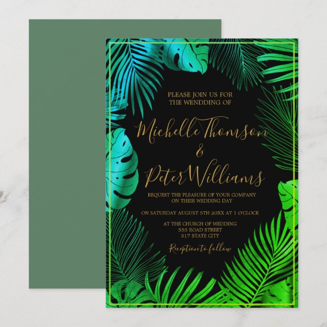 Invitación tropical gold watercolor wedding invitation (Front/Back)