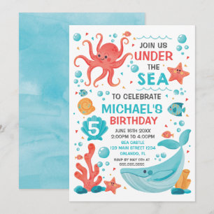 Invitación Under the Sea blue and coral birthday  Invitation