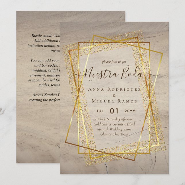Invitaciones de Boda, Spanish Wedding GOLD Budget Invitation (Front/Back)