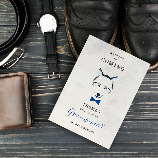 Invitation (Grey Shades Groomsman Proposal Card with Blue Bow Tie Featuring Wedding Wolf Design.)