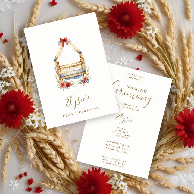 Invitation (Cheerful Stylish Watercolor Romantic Crib Naming Ceremony Invitation Card.)