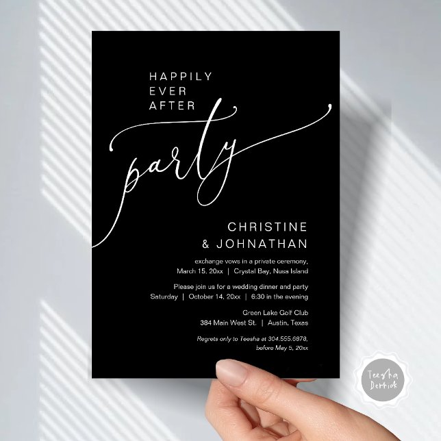 Invitation (Happily Ever After Party, Modern Romantic Wedding Elopement Dinner Invitation Card, in Classy Black)