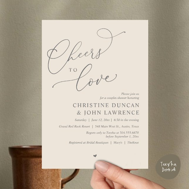 Invitation (Cheers to love, Romantic Couples Shower Modern Party Winery Invitation Card, PDF, Summer Cream Grey)