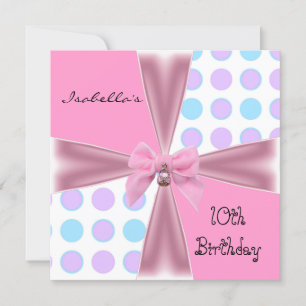 Invitation 10th Birthday Spots Pink Mauve Blue Bow