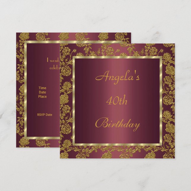 invitation 40th Birthday gold  Burgundy floral (Front/Back)