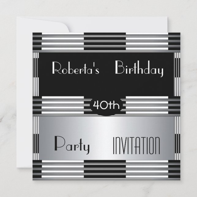 Invitation 40th Birthday Party Art Deco Black Silv (Front)