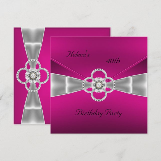 Invitation 40th Birthday Party Bright Pink Velvet (Front/Back)