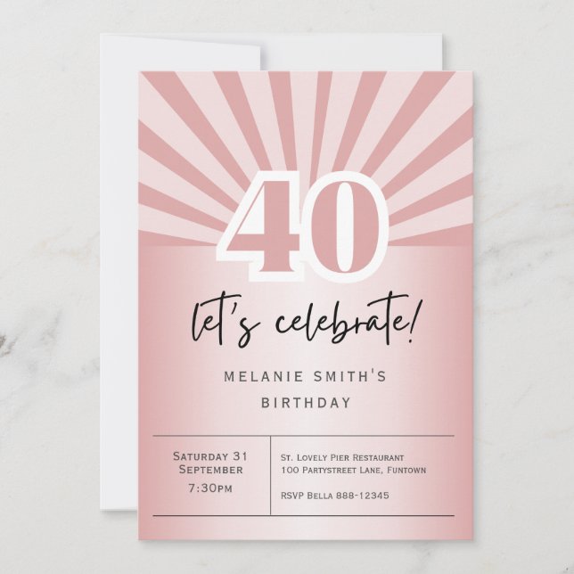 Invitation 40th birthday party, retro rose gold (Front)