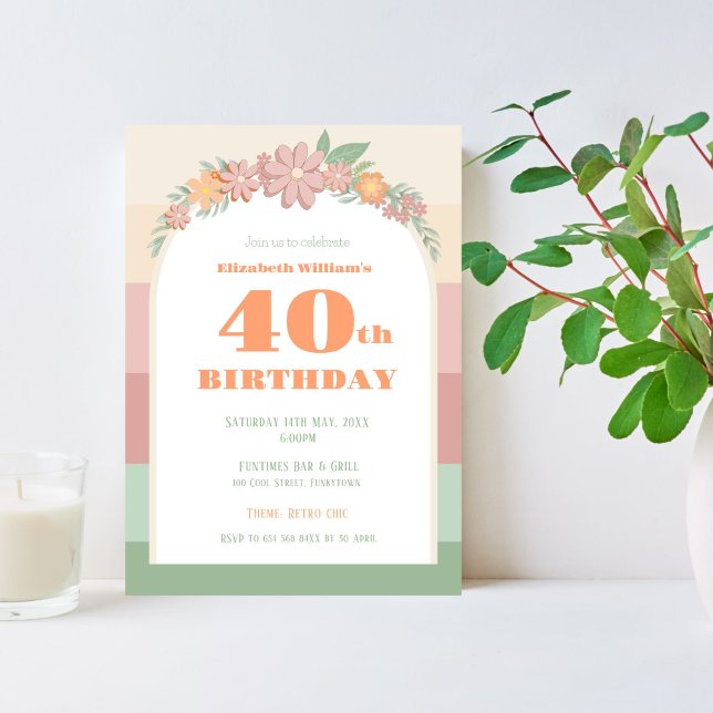 Invitation - 40th birthday - retro pink floral (Creator Uploaded)
