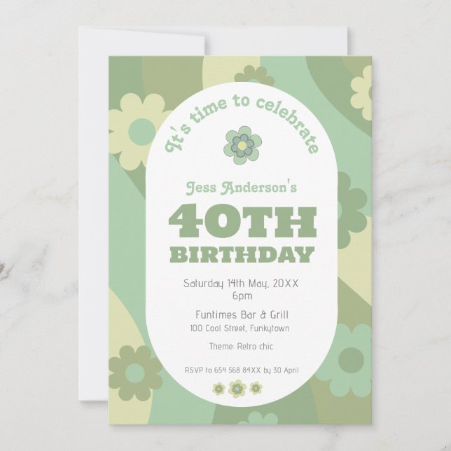 Invitation - 40th Birthday - retro sage green (Front)