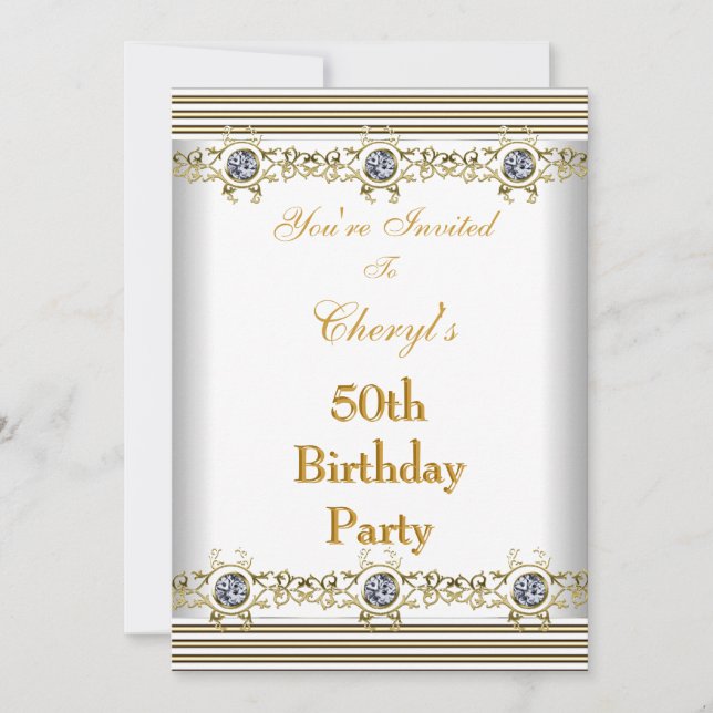 Invitation 50th Birthday Party White Silver Gold (Front)