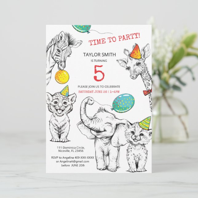 Invitation 5th birthday  with funny cute animal. (Standing Front)