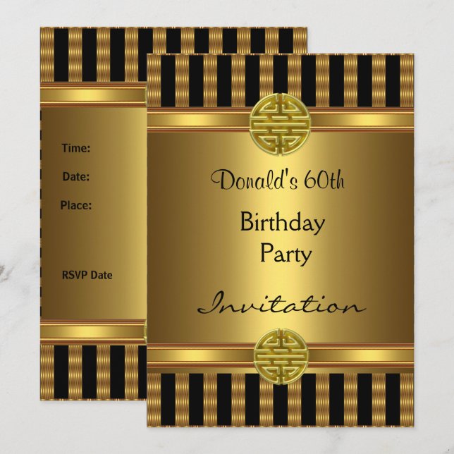 Invitation 60th Birthday Party Black Gold Mens (Front/Back)