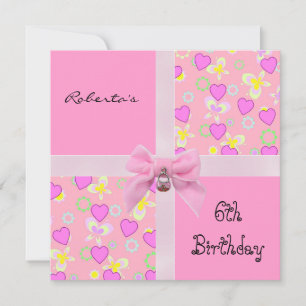 Invitation 6th Birthday Pink Hearts Bow Girl
