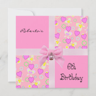 Invitation 6th Birthday Pink Hearts Bow Girl