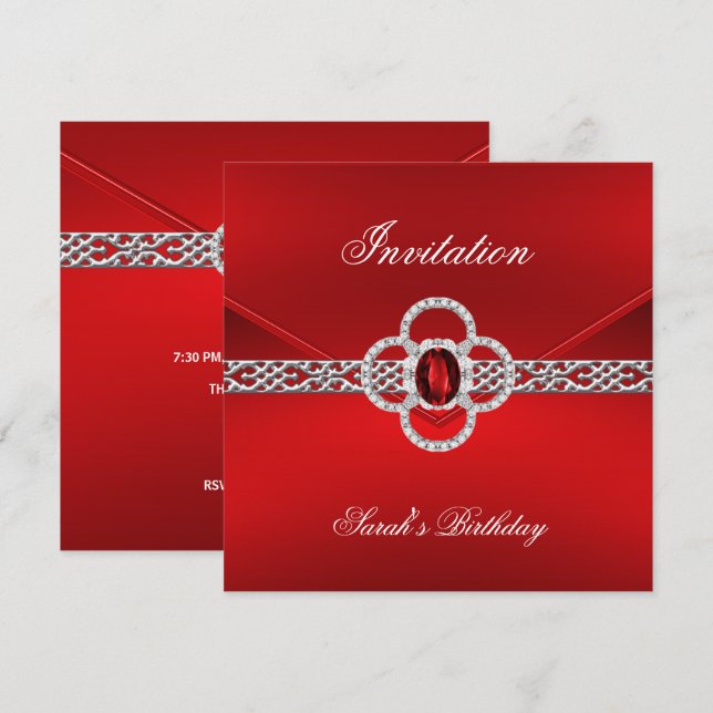 Invitation All Occasions Red Silver Jewel NEW (Front/Back)