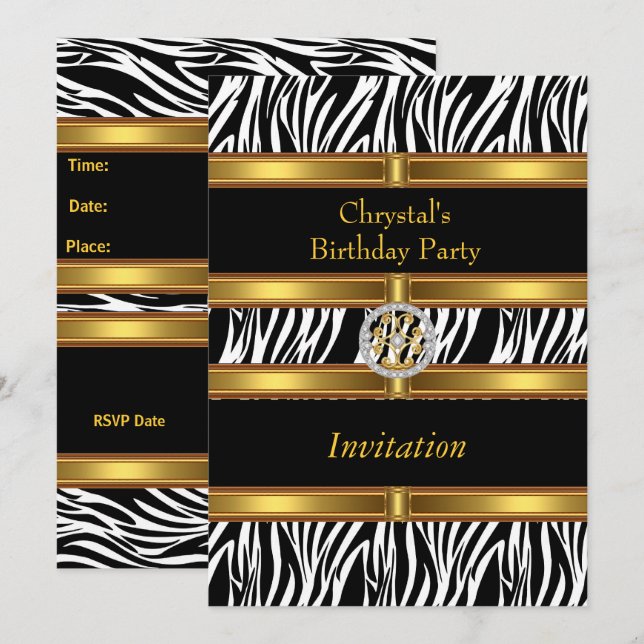 Invitation Animal Zebra Print Gold Birthday Party (Front/Back)