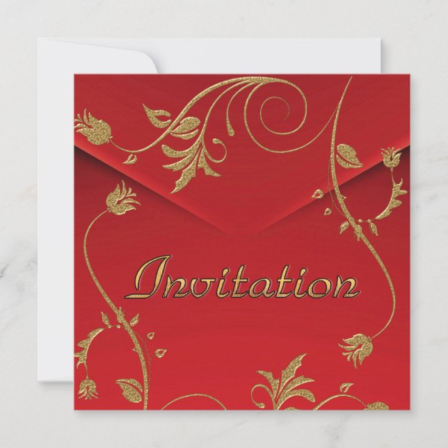 Invitation Asian Red Gold Floral (Front)