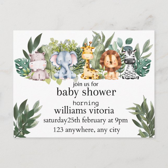 invitation baby shower, animals, safari postcard (Front)