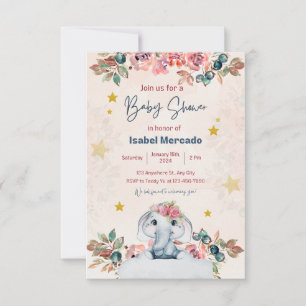 invitation baby shower, elephant, pink, enfant