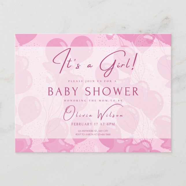 invitation baby shower, it's a girl, pink postcard (Front)