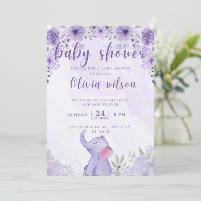 invitation baby shower purple elephant flowers  (Standing Front)