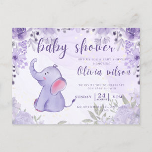 invitation baby shower, purple elephant flowers postcard