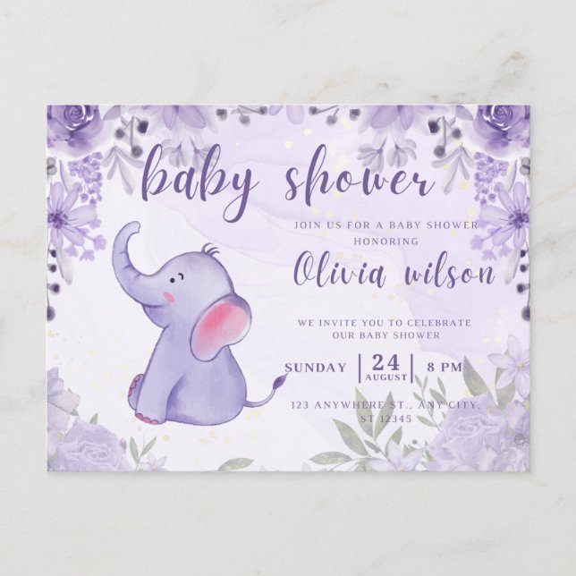 invitation baby shower, purple elephant flowers postcard (Front)