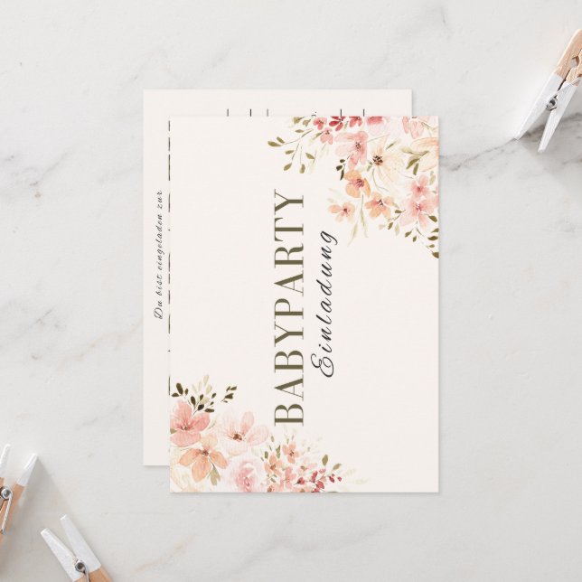 Invitation Babyparty - pink flowers Babyshower (Front/Back In Situ)