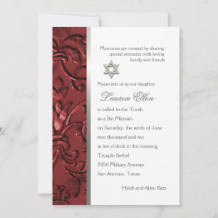 Invitation Bat Mitzvah Red "Embossed" Damask