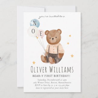 Invitation bear 1st birthday blue balloon