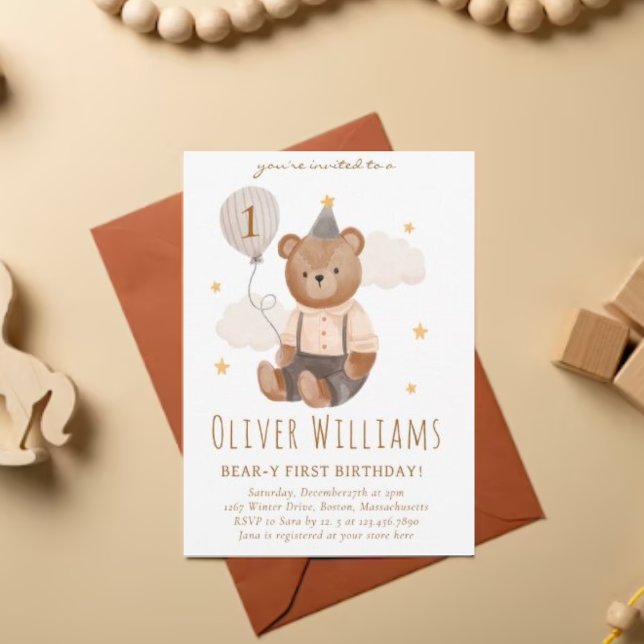 Invitation bear 1st birthday blue balloon (Creator Uploaded)