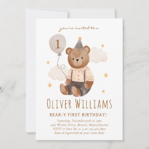 Invitation bear 1st birthday blue balloon