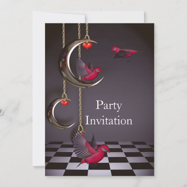 Invitation Birds Free Party Invite Red Pink Black (Front)