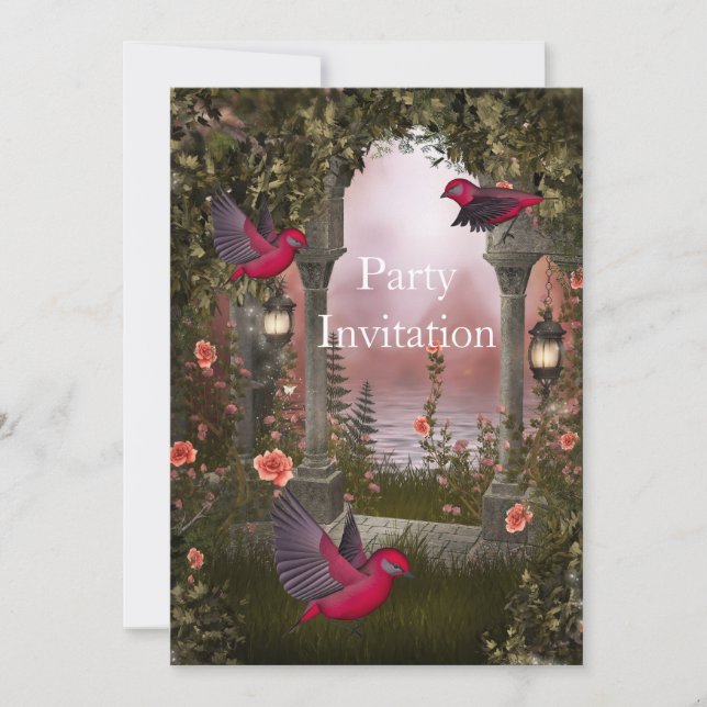 Invitation Birds Free Party Invite Red Pink mystic (Front)
