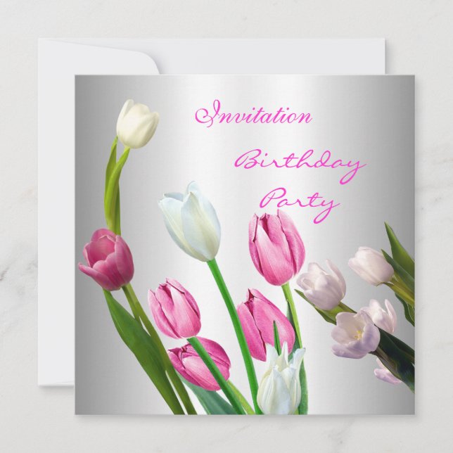 Invitation Birthday 50th Elegant Pink & White Tuli (Front)