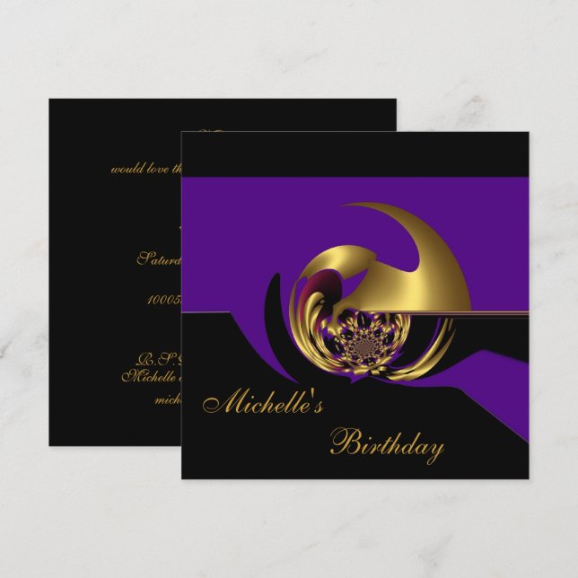 Invitation Birthday Black & Purple Gold Abstract (Front/Back)