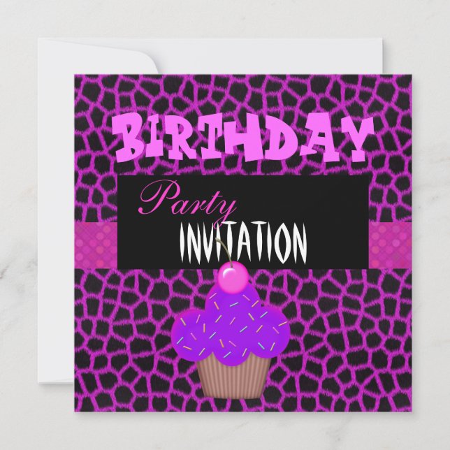 Invitation Birthday Girls Cupcake Pink Purple (Front)
