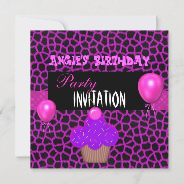 Invitation Birthday Girls Cupcake Pink Purple (Front)