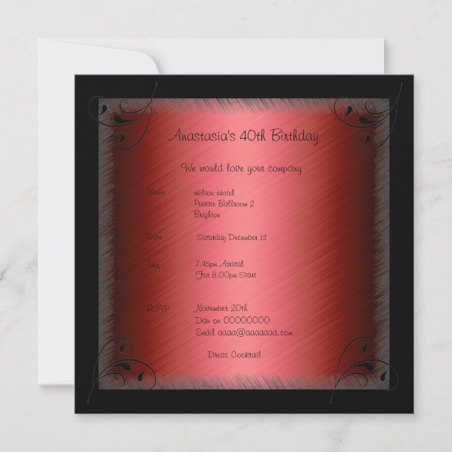 Invitation Birthday Glamour Red Black Floral (Front)