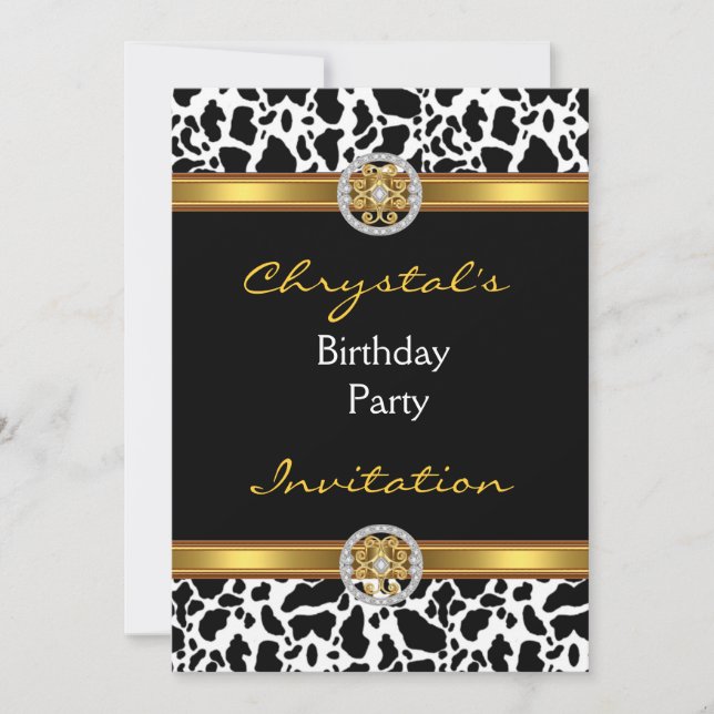Invitation Birthday Party Animal Cow Gold Jewel (Front)
