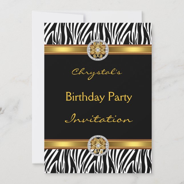 Invitation Birthday Party Animal Zebra Gold Jewel (Front)