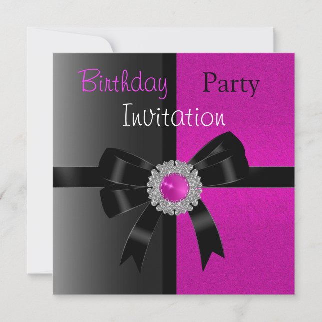 Invitation Birthday Party Black Bright Pink Jewel (Front)