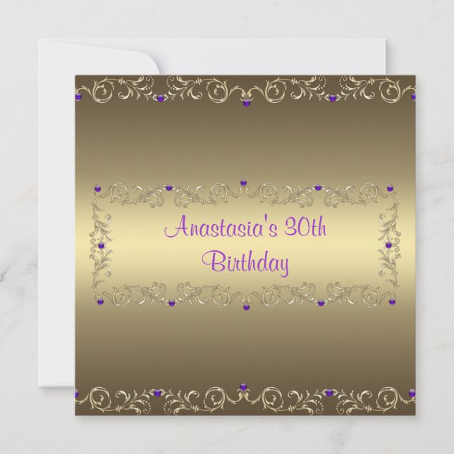 Invitation Birthday Party Gold Purple Jewel (Front)