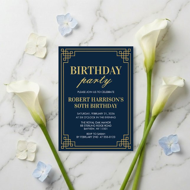 Invitation Birthday Party Navy Gold Art Deco 80th (SEE FULL SUITE AT BOTTOM)