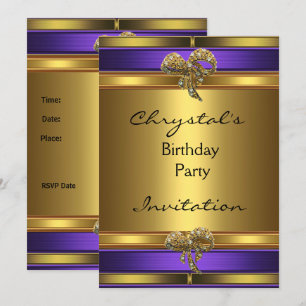 Invitation Birthday Party Purple Gold Jewel Bow